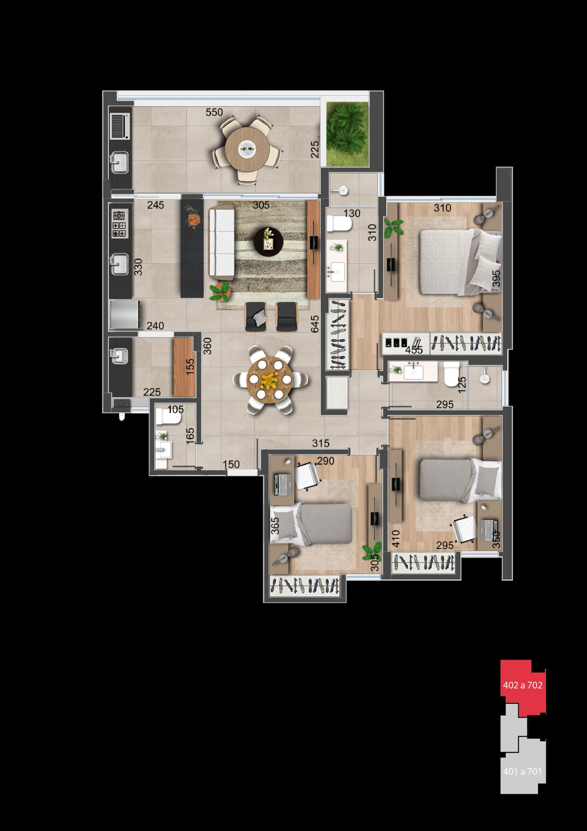 Planta baixa do Apto 402 - 3 quartos no Alto dos Passos, 4º andar