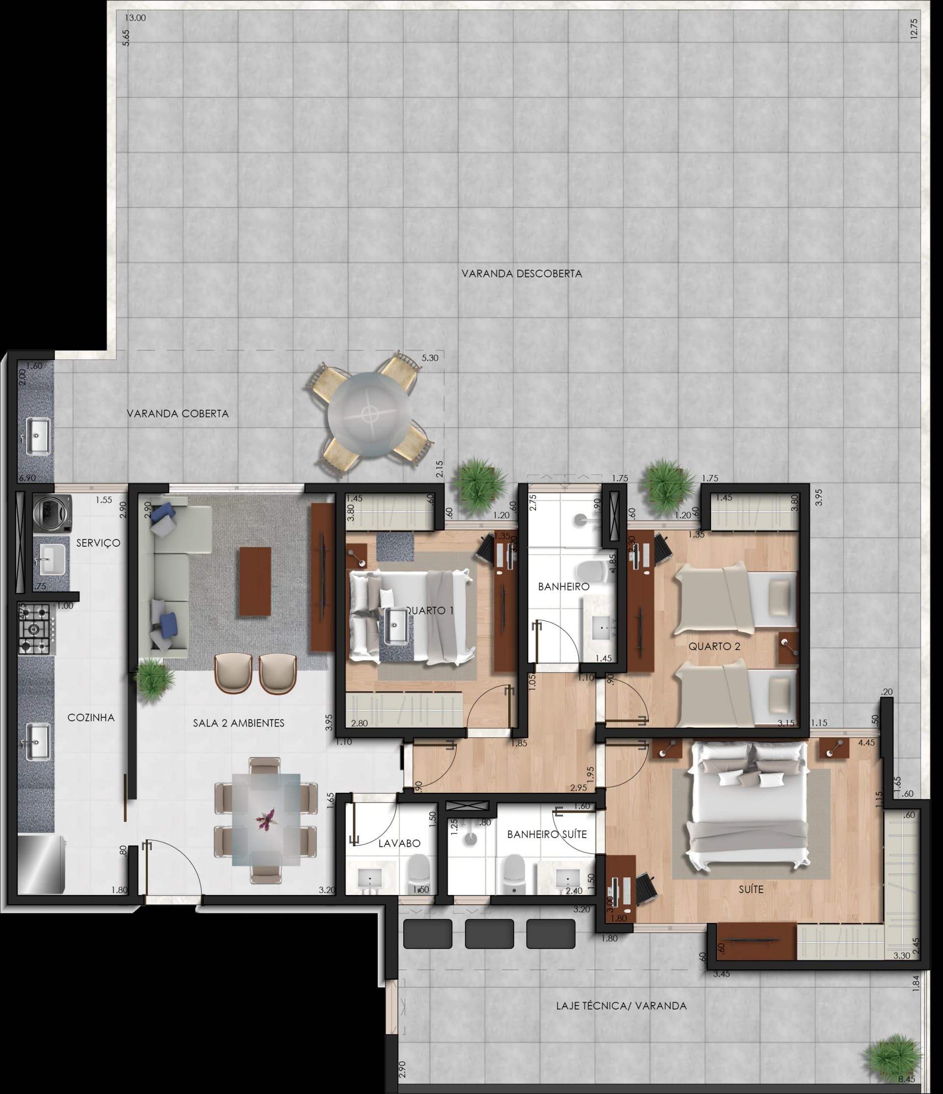 Planta baixa do Garden 202 - 3 quartos com 1 suite no fundos, Estrela Sul