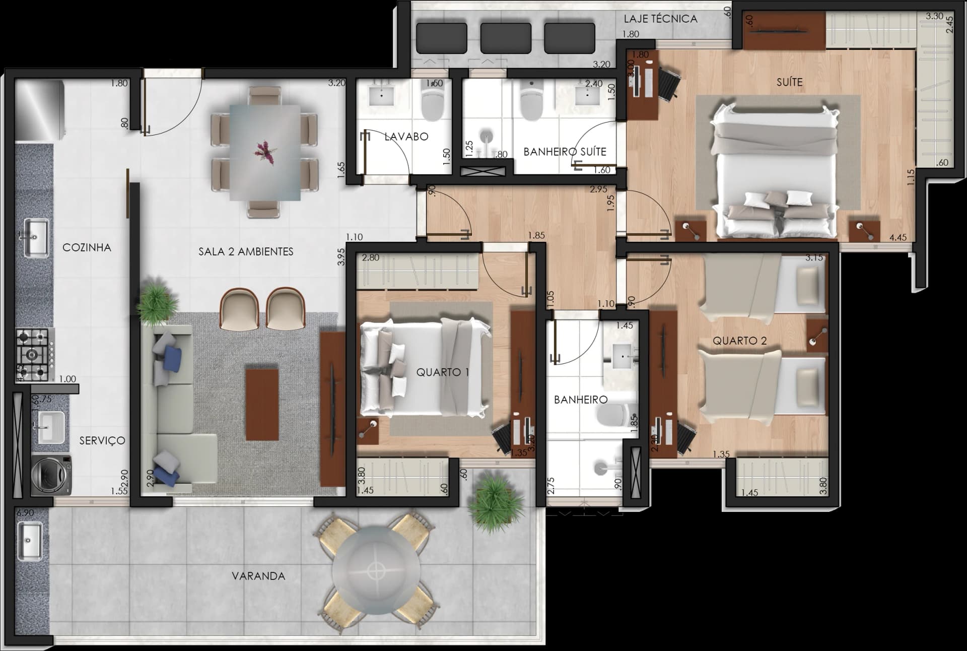Planta baixa do Apto 1001 - 3 quartos com 1 suite no frente, 10o andar - Estrela Sul