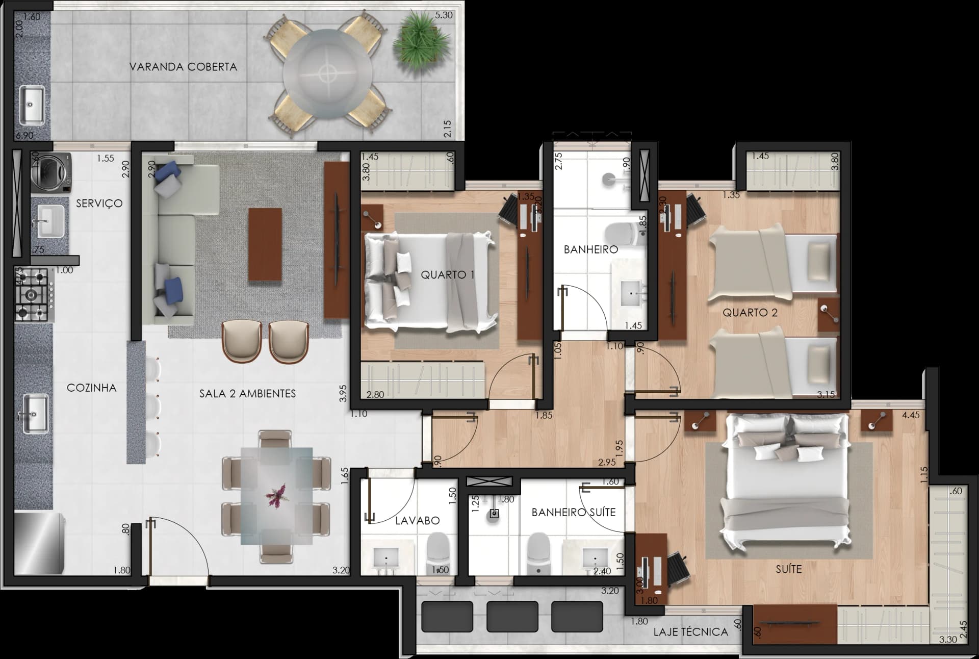 Planta baixa do Apto 302 - 3 quartos com 1 suite no fundos, 3o andar - Estrela Sul