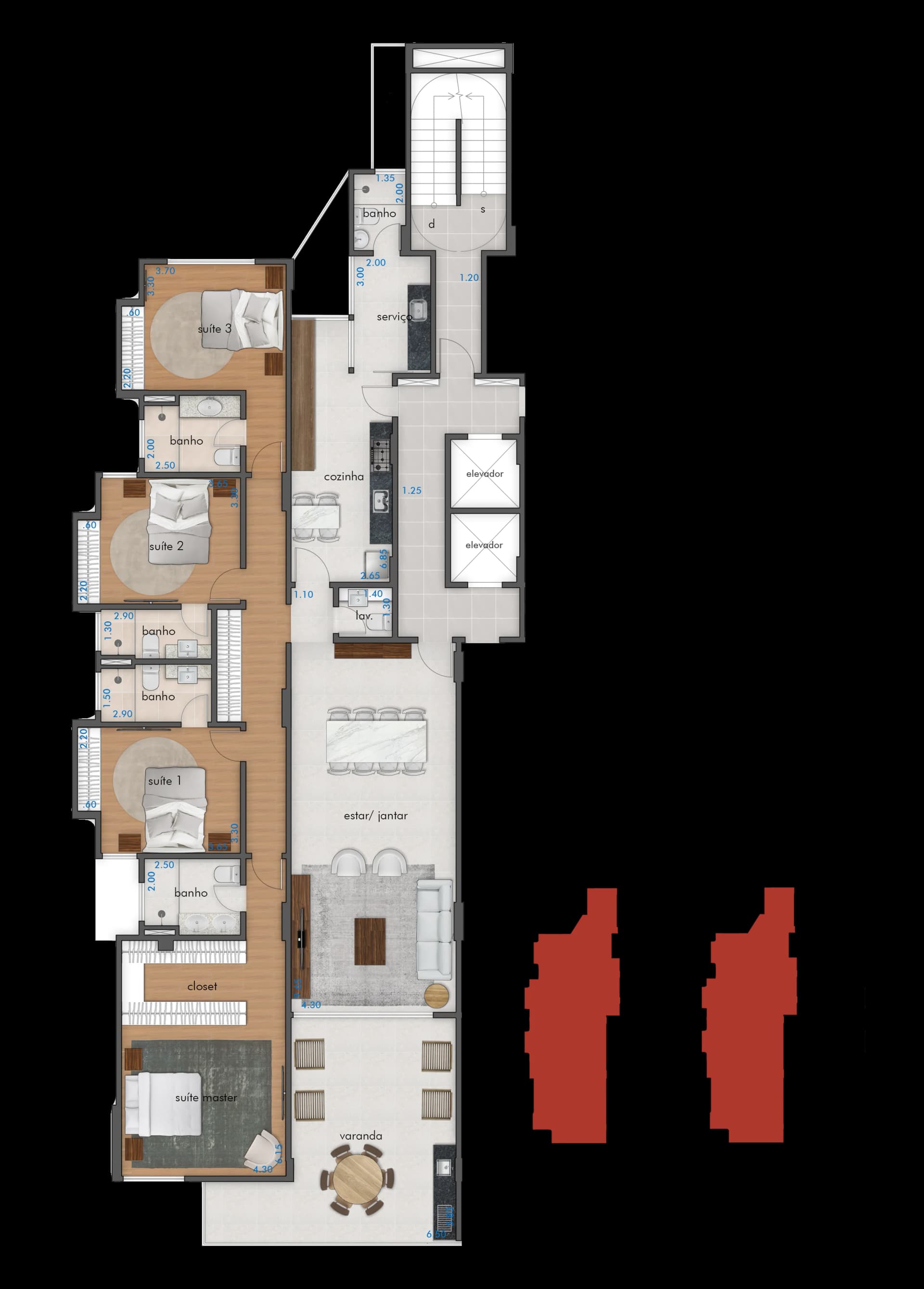 Planta baixa do Apto 602 - 4 suítes, 228m² no Centro de Juiz de Fora