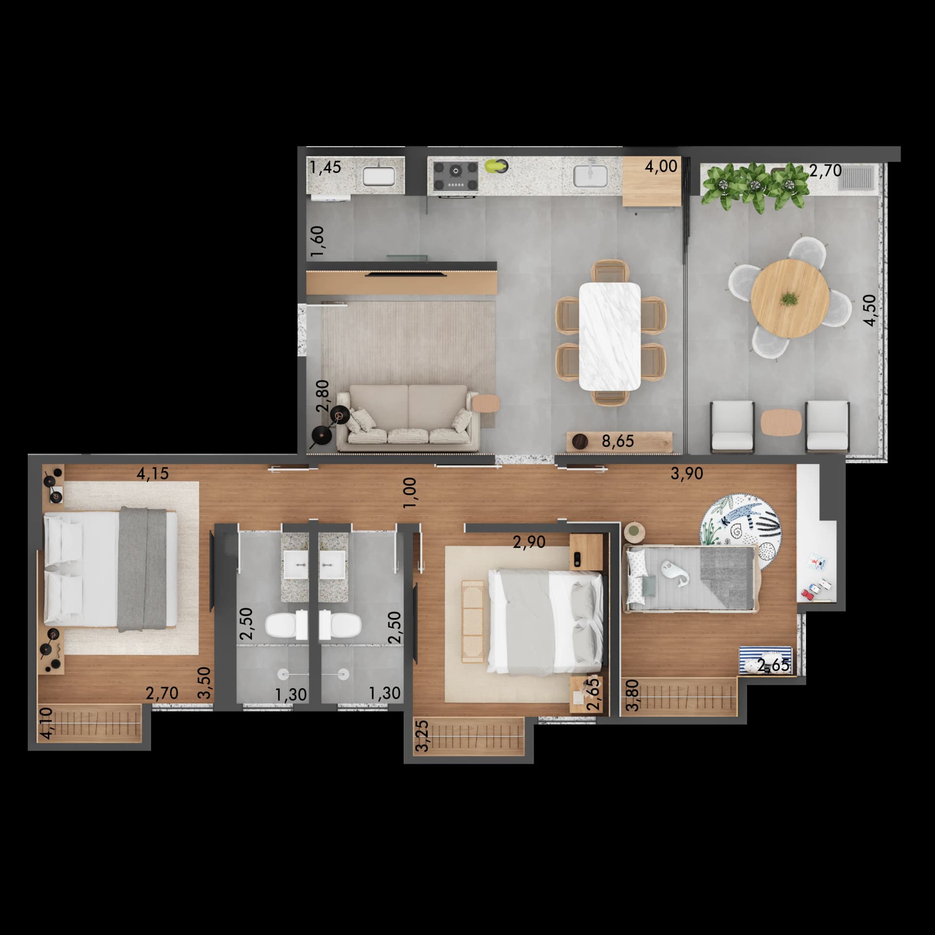 Planta baixa do Apto 1201 Maria Celeste - 3 quartos com 91 m² no 12º andar do Santa Helena