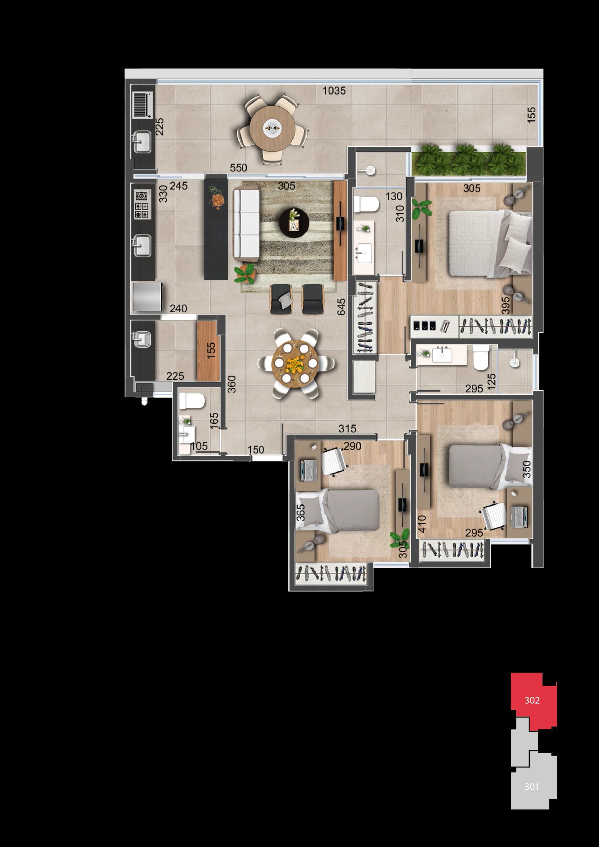 Planta baixa do Apto 302 - 3 quartos no Alto dos Passos, 3º andar