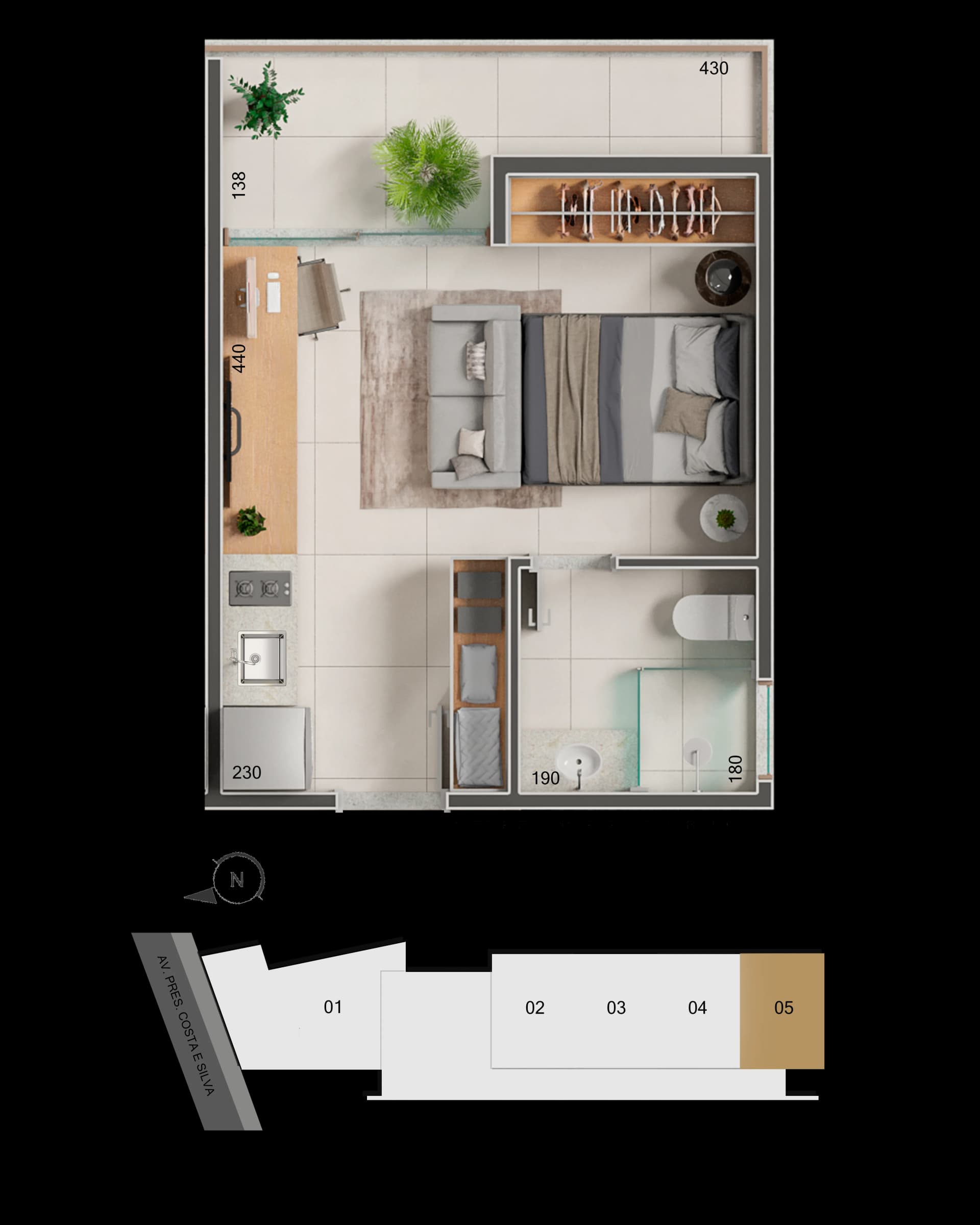Planta baixa do Studio 705 - 25 m² no São Pedro, 7º andar